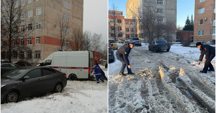 В Рыбинске машина скорой помощи застряла в не чищенном от снега дворе